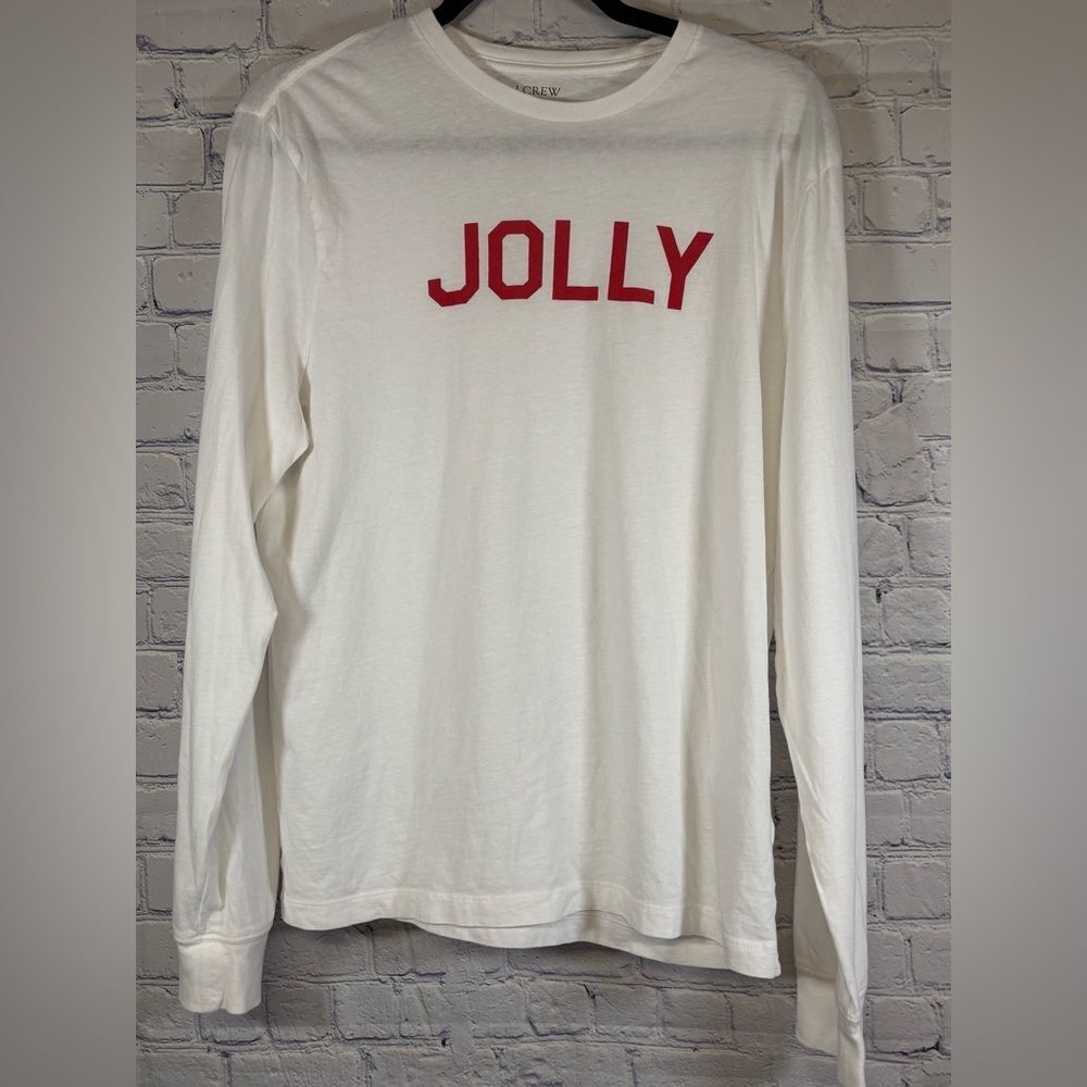 J Crew Factory Off White Red Holiday JOLLY Long Sleeve Crewneck Graphic Tshirt M